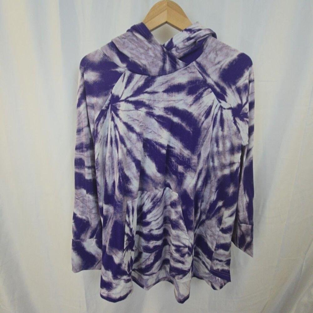 LuLaRoe Shirt Womens XL Purple Tie Dye Hooded Long Sleeve Cowl Neck Tunic Top